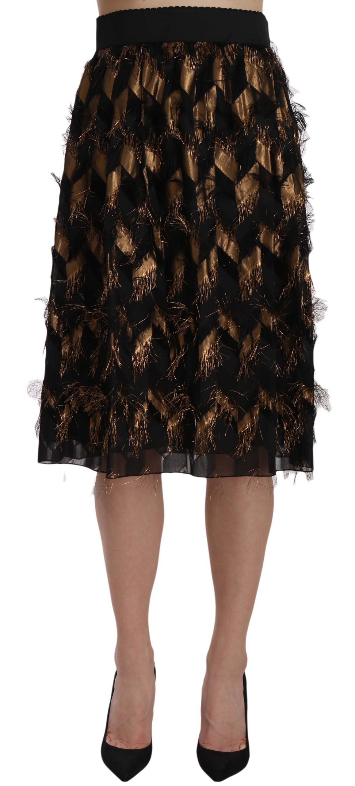 Dolce & Gabbana Elegant Gold Black Silk Blend High Waist Skirt