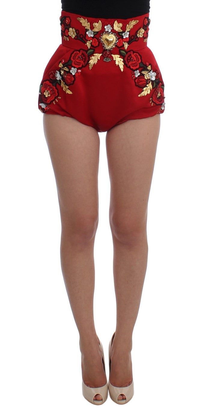 Dolce & Gabbana Red Silk Crystal-Embellished High Waist Shorts IT40 | S