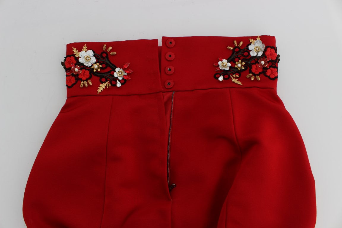 Dolce & Gabbana Red Silk Crystal-Embellished High Waist Shorts IT40 | S