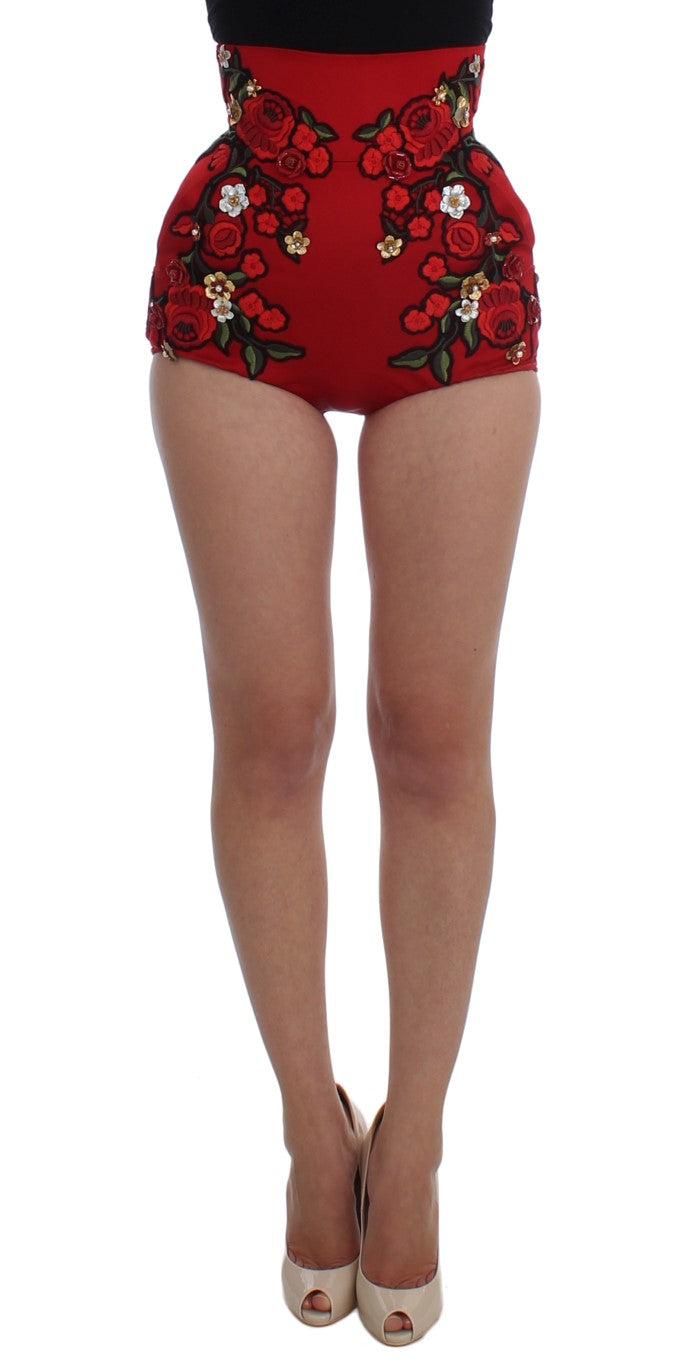 Dolce & Gabbana Glamorous Red Silk Floral Embroidered Shorts IT40 | S