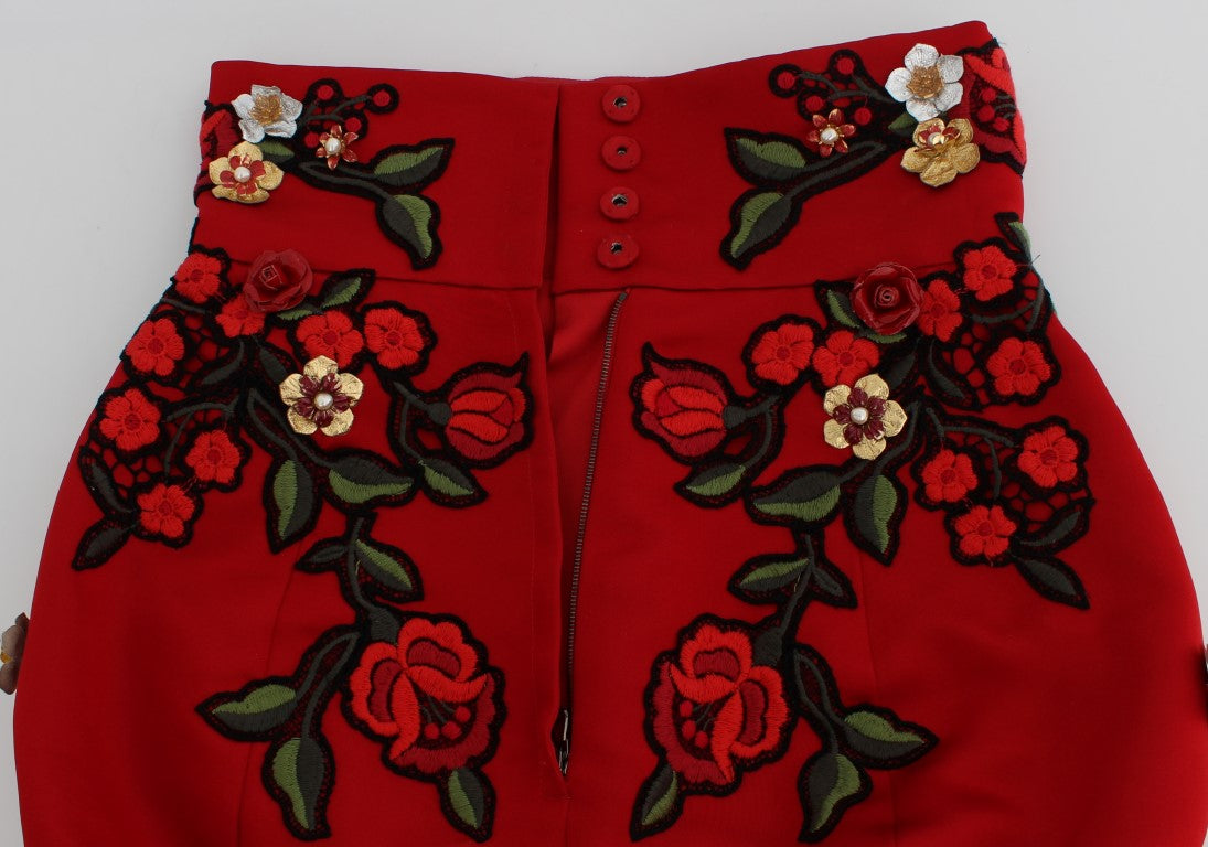 Dolce & Gabbana Glamorous Red Silk Floral Embroidered Shorts IT40 | S