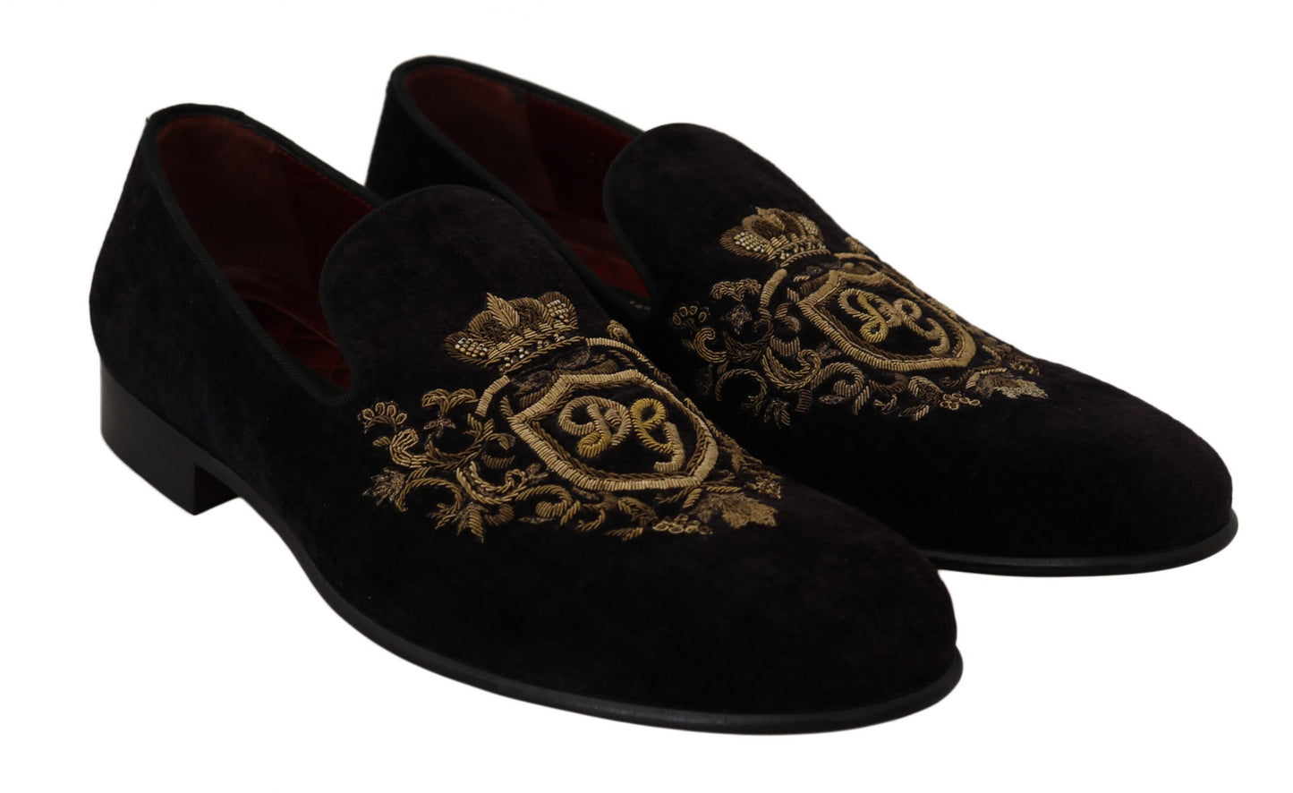 Dolce & Gabbana Elegant Black Loafers with Gold Crown Embroidery EU39 / US6