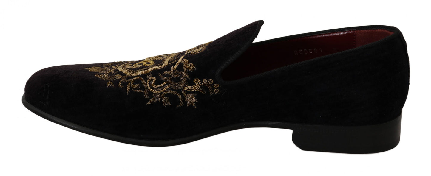 Dolce & Gabbana Elegant Black Loafers with Gold Crown Embroidery EU39 / US6