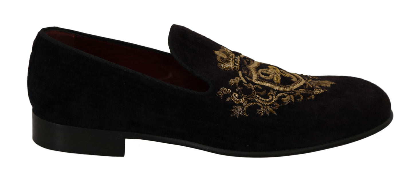 Dolce & Gabbana Elegant Black Loafers with Gold Crown Embroidery EU39 / US6