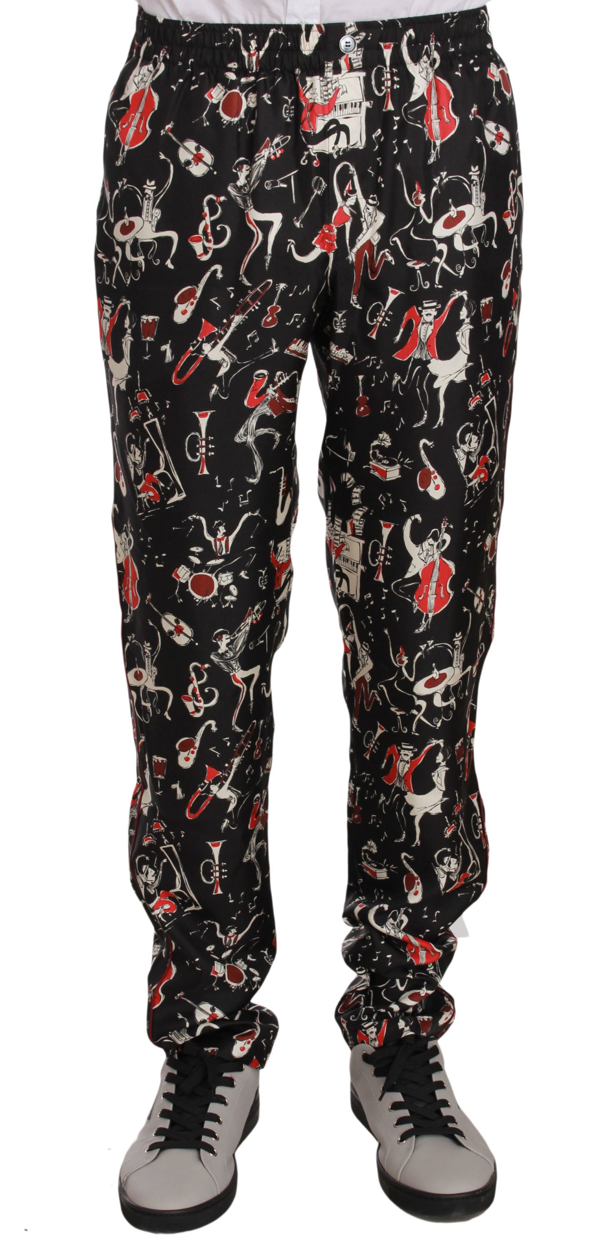 Dolce & Gabbana Elegant Black Silk Lounge Pants with Red Print IT48 / M