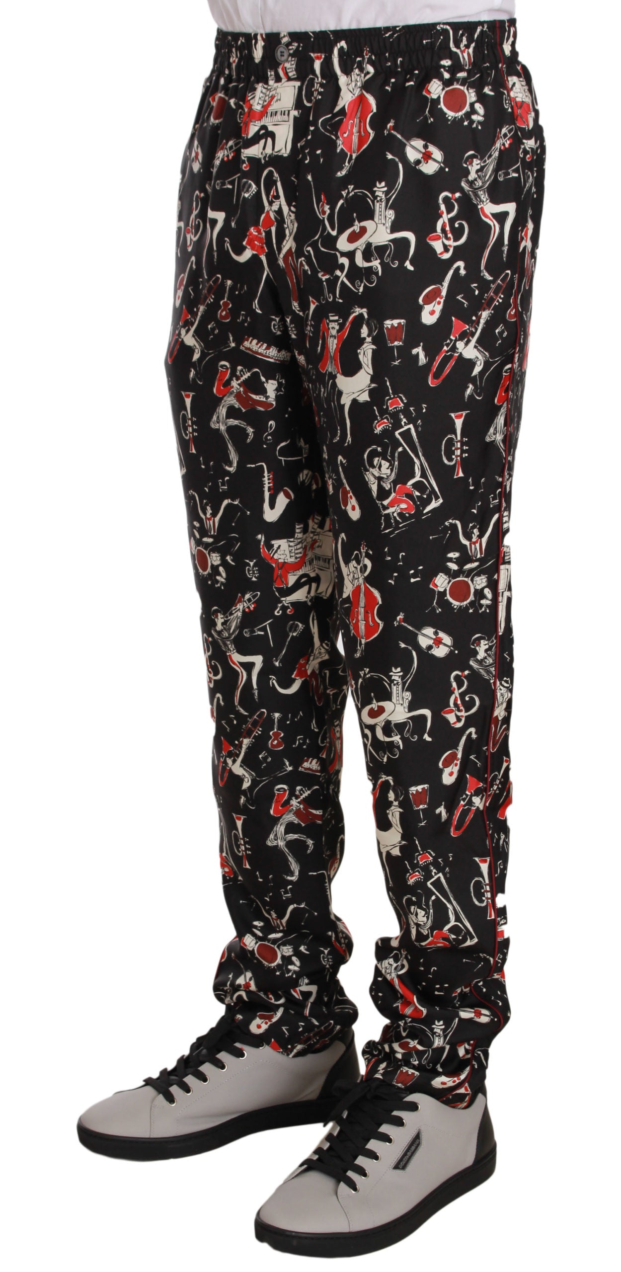 Dolce & Gabbana Elegant Black Silk Lounge Pants with Red Print IT48 / M