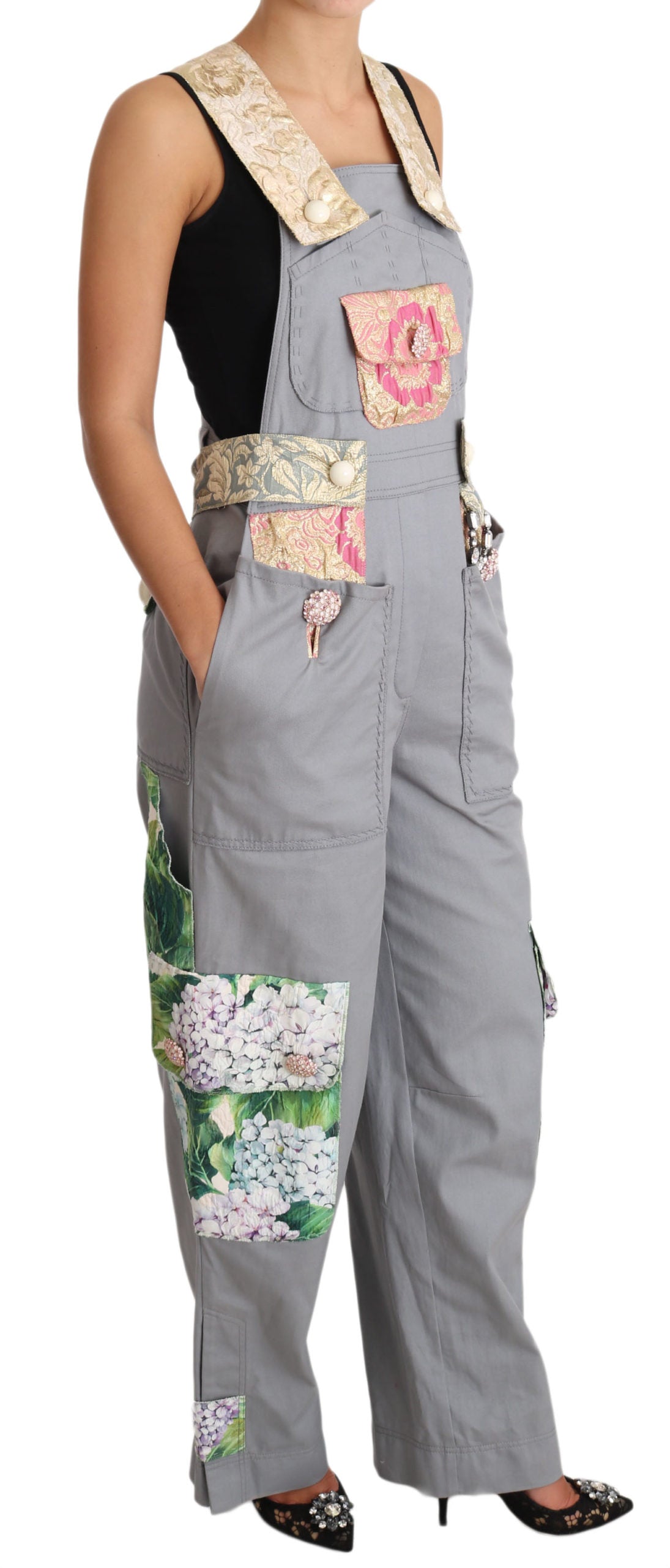 Dolce & Gabbana Exquisite Floral Embellished Denim Overalls IT40 | S