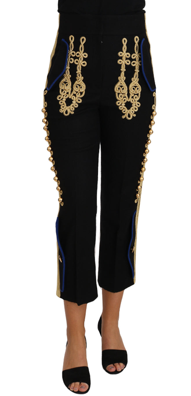 Dolce & Gabbana Elegant Black Military Embellished Pants IT38 / XS